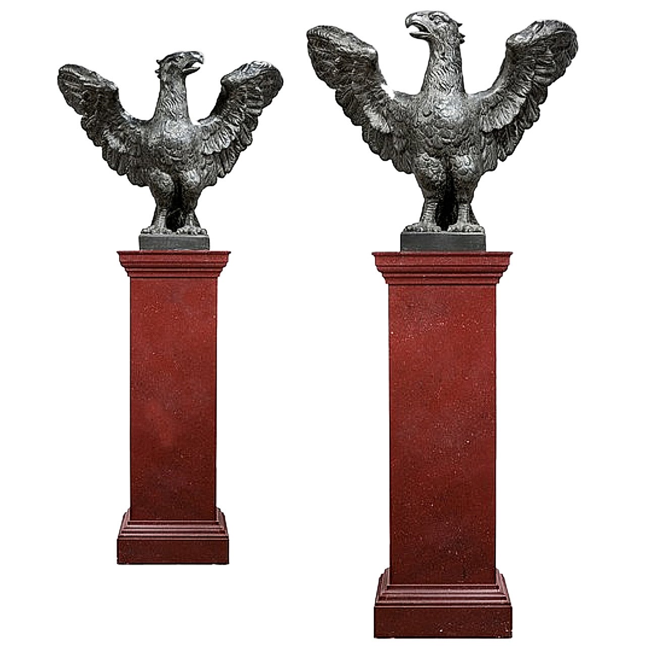 Pair of 18th Century Lead Eagles on Red Painted Pedestals