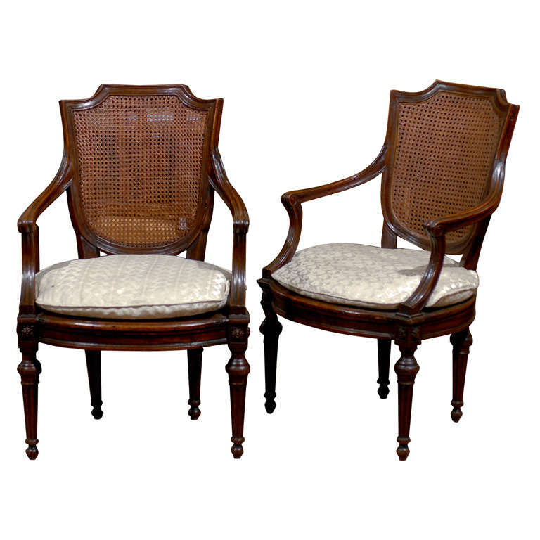 Pair of 18th century Italian Walnut & Cane Fauteuils, ca. 1790 For Sale