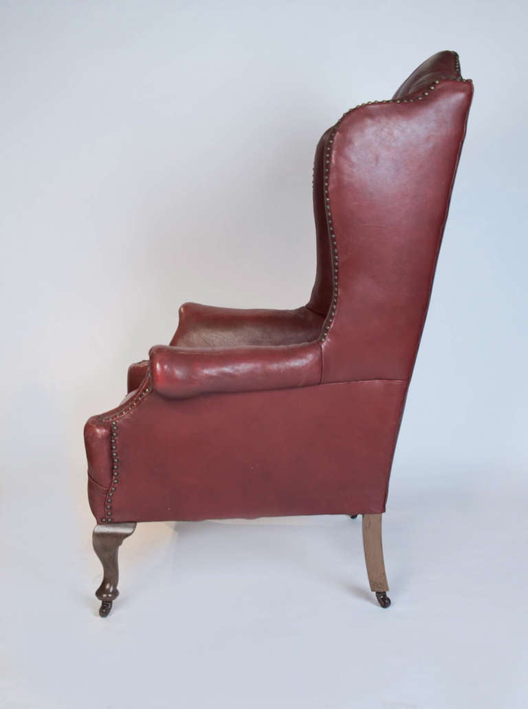 Pair of Early 20th Century Red Leather Wing Back Chairs 1