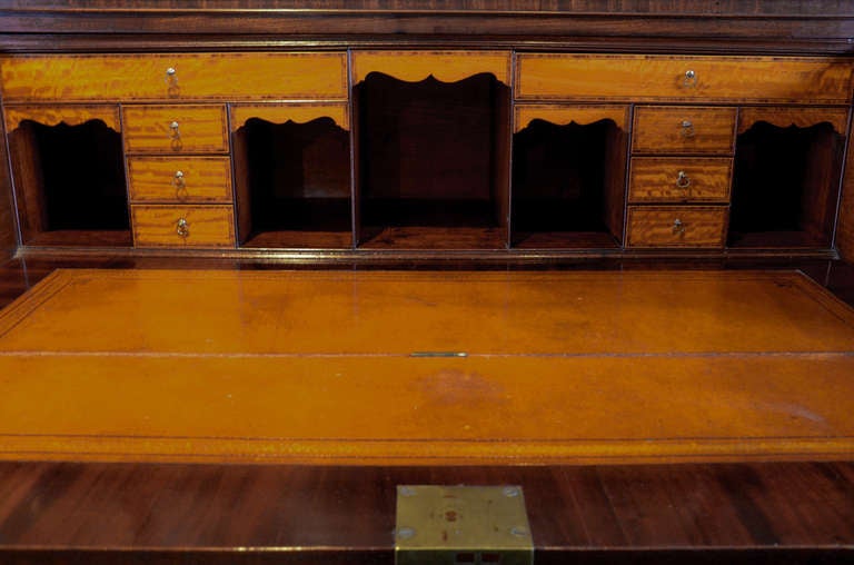 George III period mahogany and satinwood secretaire bookcase with maker's mark. In Excellent Condition For Sale In London, GB