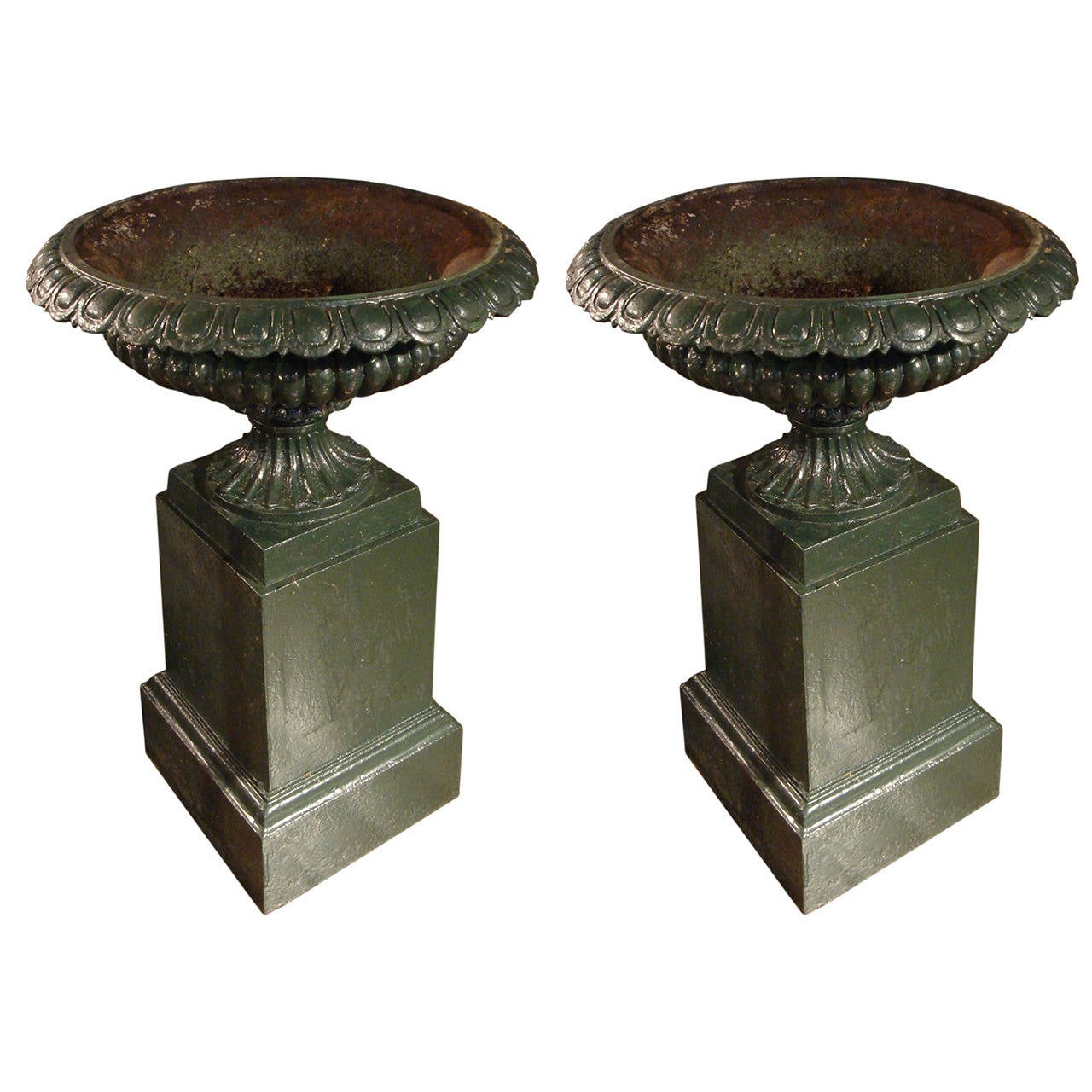 Pair of Mid19th Century Green Painted Iron Garden Vases on Plinth