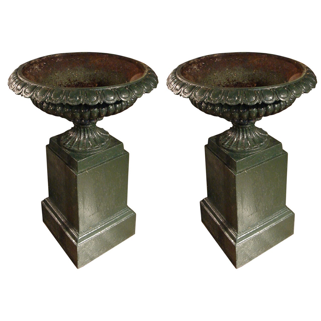 Pair of Mid-19th Century Green Painted Iron Garden Vases on Plinth Bases For Sale