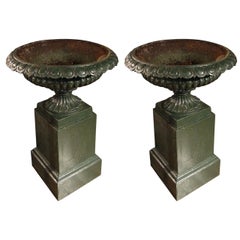 Pair of Mid-19th Century Green Painted Iron Garden Vases on Plinth Bases
