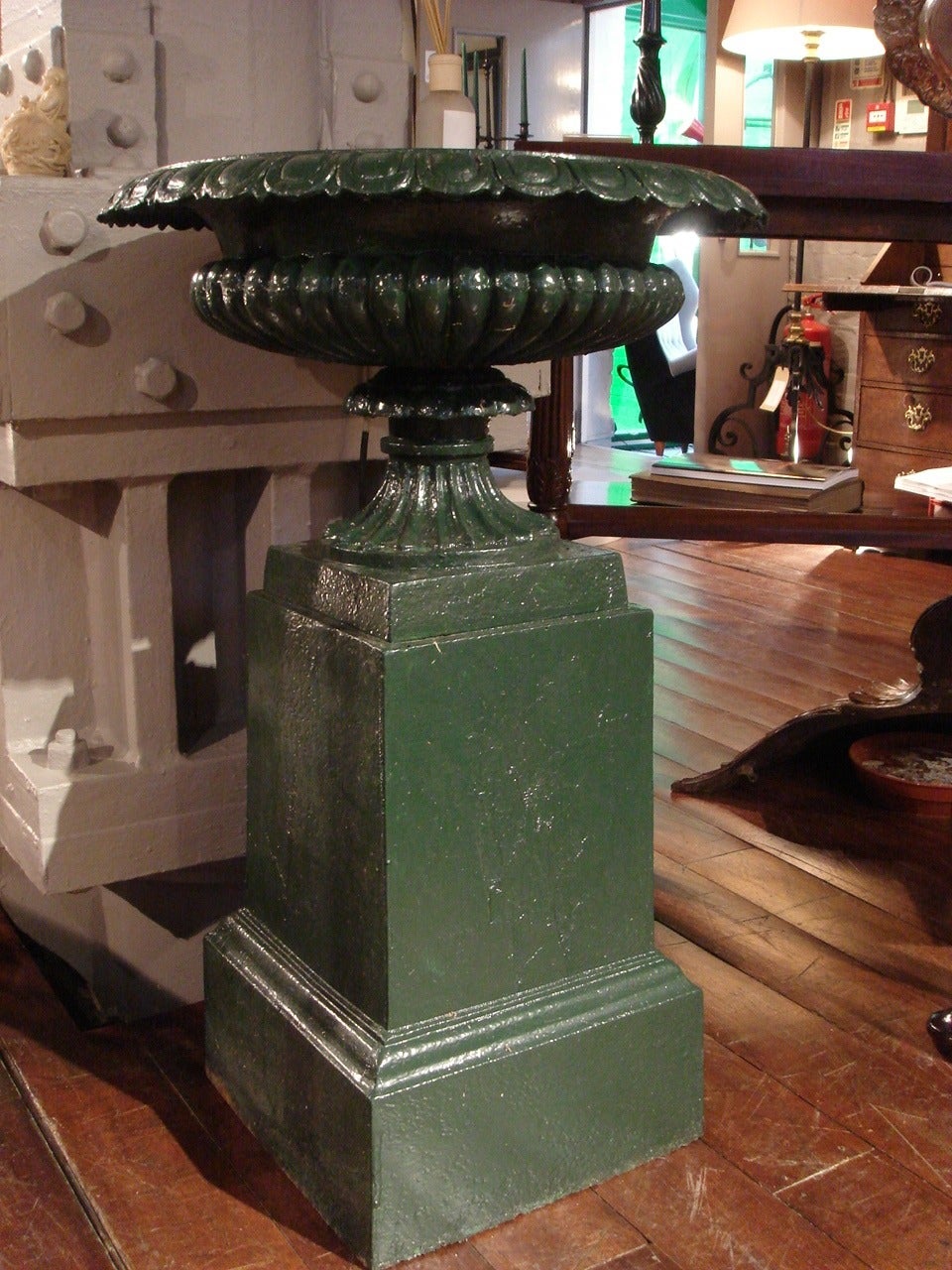 Classical Greek Pair of Mid-19th Century Green Painted Iron Garden Vases on Plinth Bases For Sale