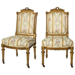 19th Century Pair of Louis XVI Style French Gilt Upholstered Chairs