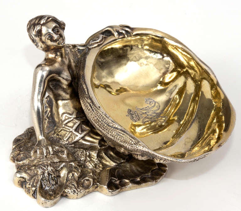 Set of four Mermaid holding an abolone shell as caviar server.  
Silver and vermeil over bronze.  Could be used as salt cellar when not eating caviar.  Austrian crown hallmark in the shell.  Shipping included