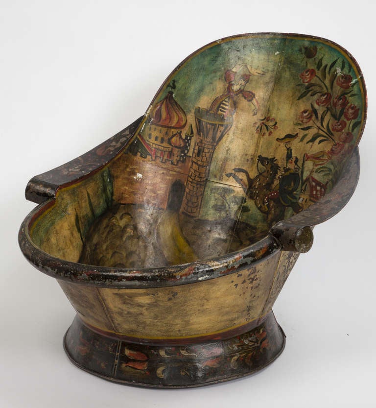 Charming and very decorative painted sits tub.  Painted tin of 