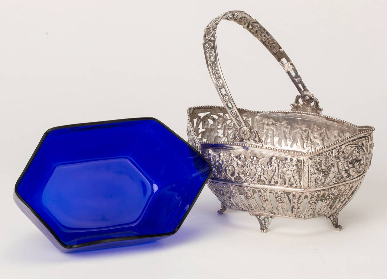 Early 20th Century Silver Bowl, 835 Silver with Cobolt Glass Liner For Sale