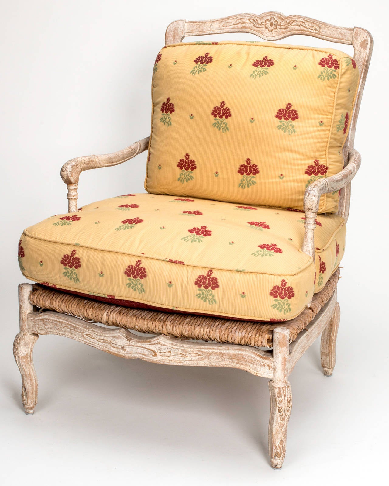 1920s French Painted Rush Seat Armchair and Ottoman For Sale at 1stdibs