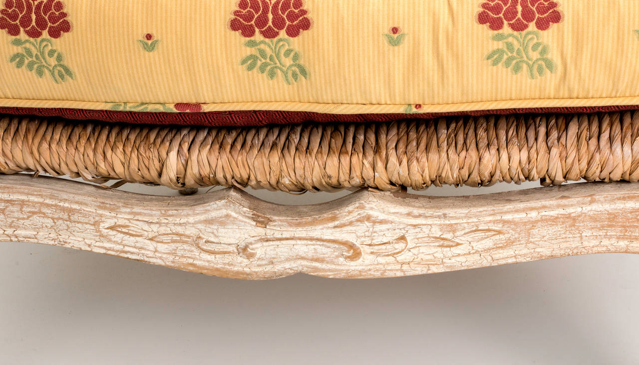 1920s French Painted Rush Seat Armchair and Ottoman For Sale at 1stdibs