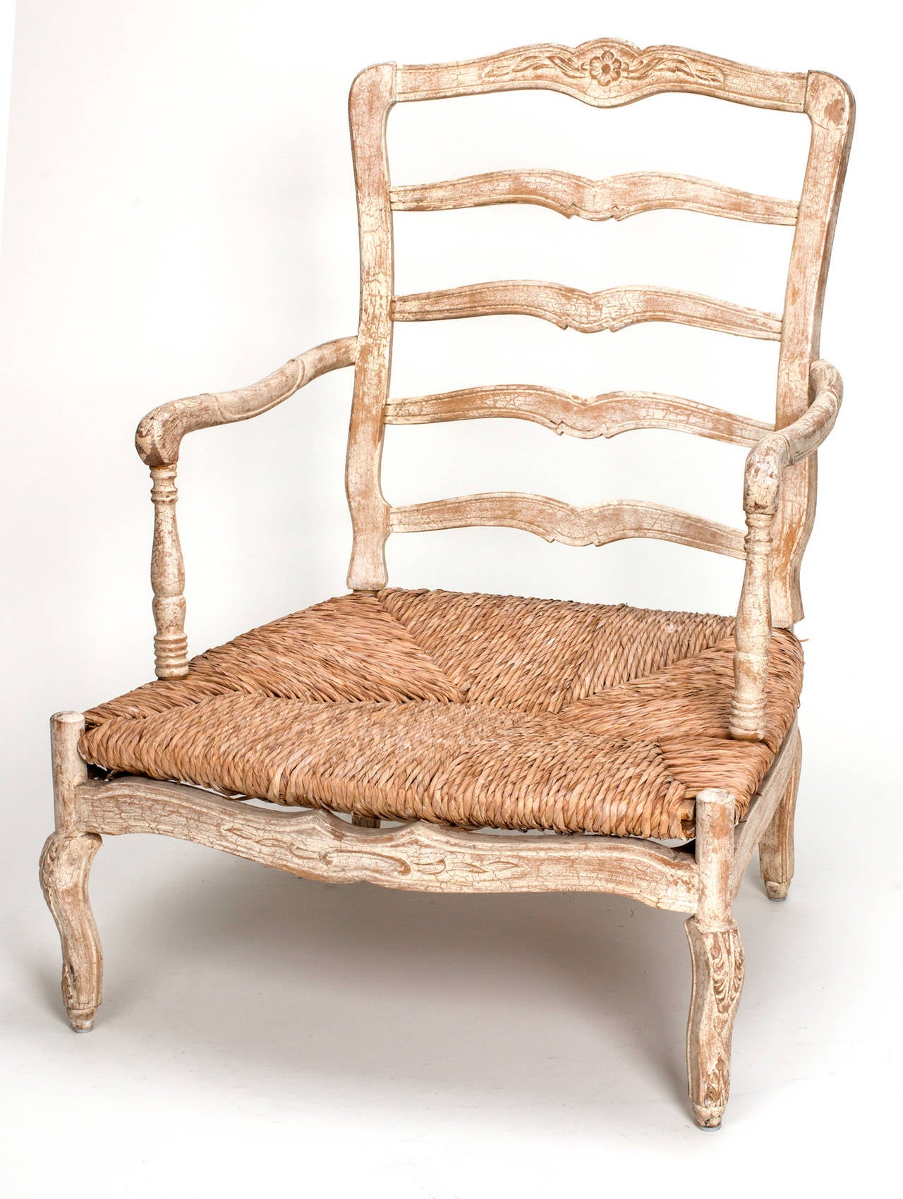 1920s French Painted Rush Seat Armchair and Ottoman For Sale at 1stdibs