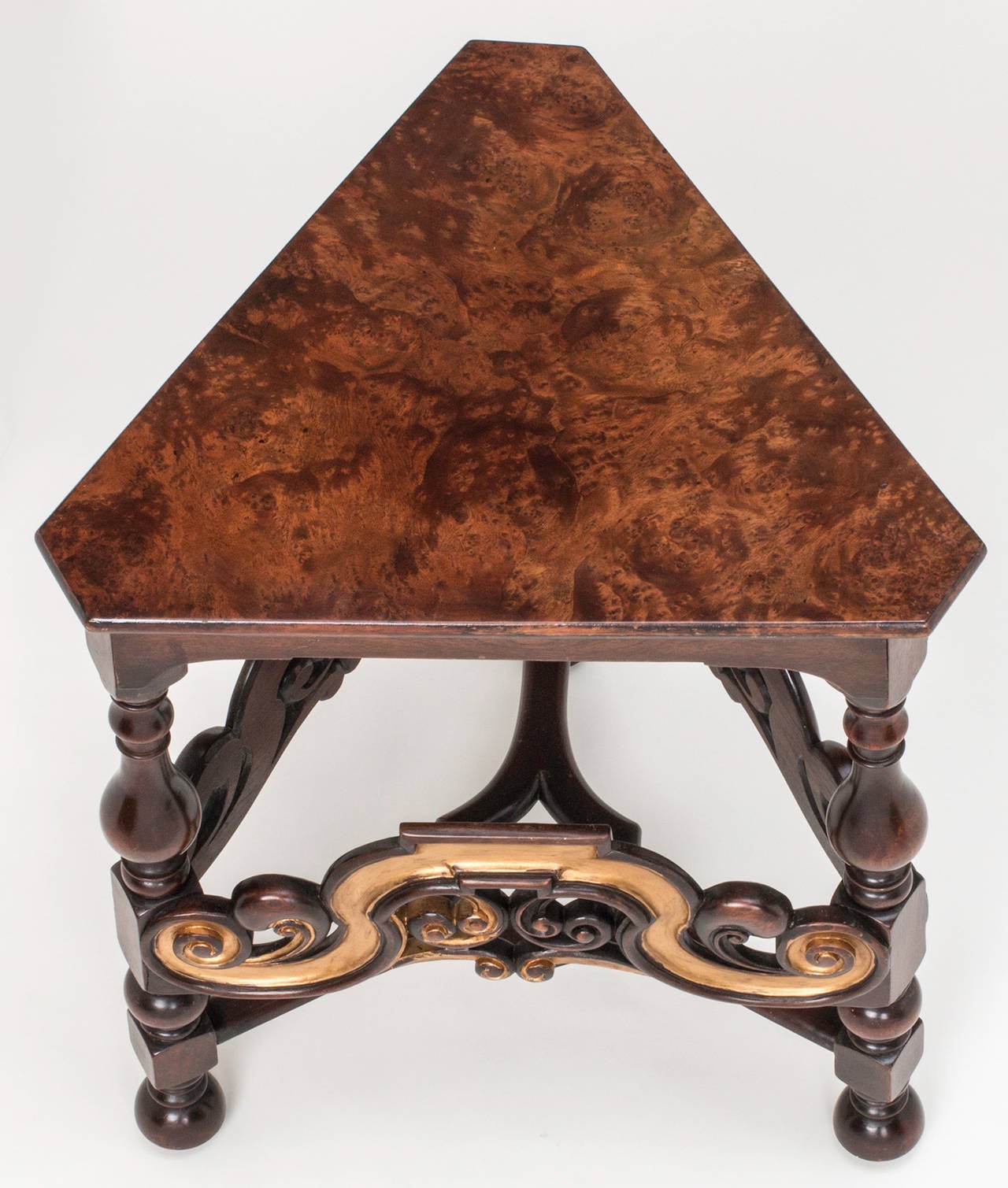 Late 19th Century Italian Walnut Burl and Gilt Triangular Table For Sale