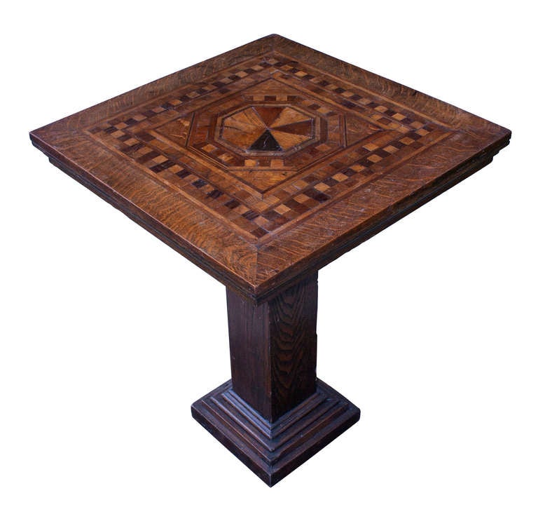 Good looking, handmade rustic arts and craft square table top on pedestal base.  Round stain glass mark, part of the charm that comes with age.