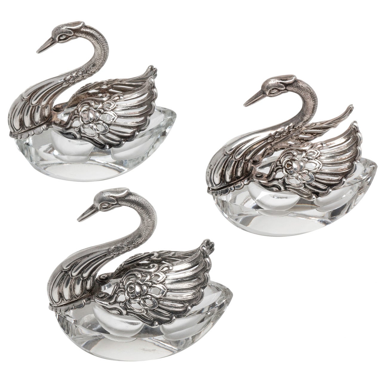800 Silver and Crystal Swan Salter Set of 3 For Sale
