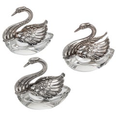 Antique 800 Silver and Crystal Swan Salter Set of 3