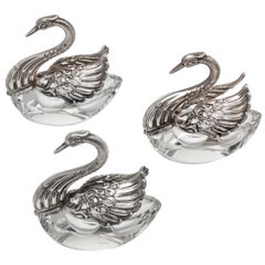 800 Silver and Crystal Swan Salter Set of 3
