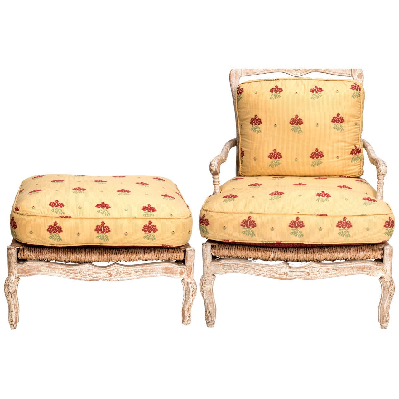 1920s French Painted Rush Seat Armchair and Ottoman For Sale at 1stdibs