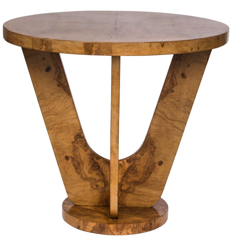 1930s Wonderful  warm patina coloration on this beautifully aged burl table.  Four flat legs support on round base, all burl veneered.  Simple and clean lines.  This base could support  48