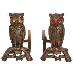 Pair of Bronze Owl Andirons