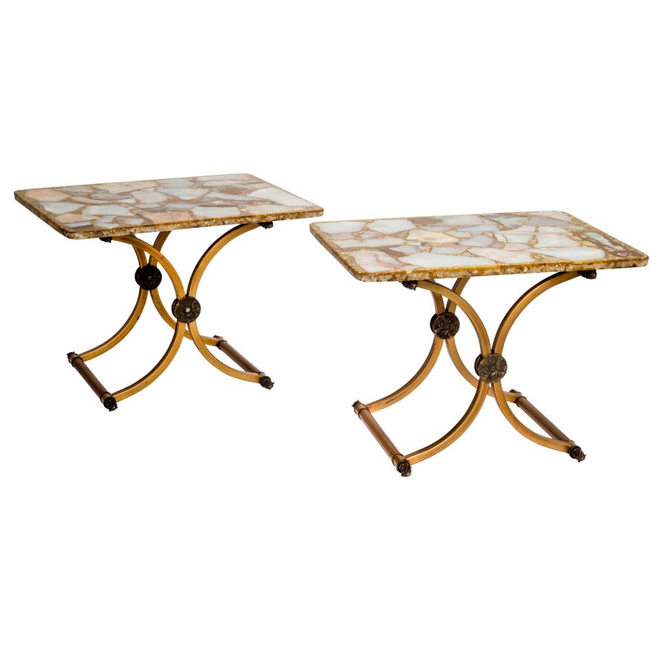 Elegant Pair of Mid Century Lucite Stone and Gold Tables at 1stDibs
