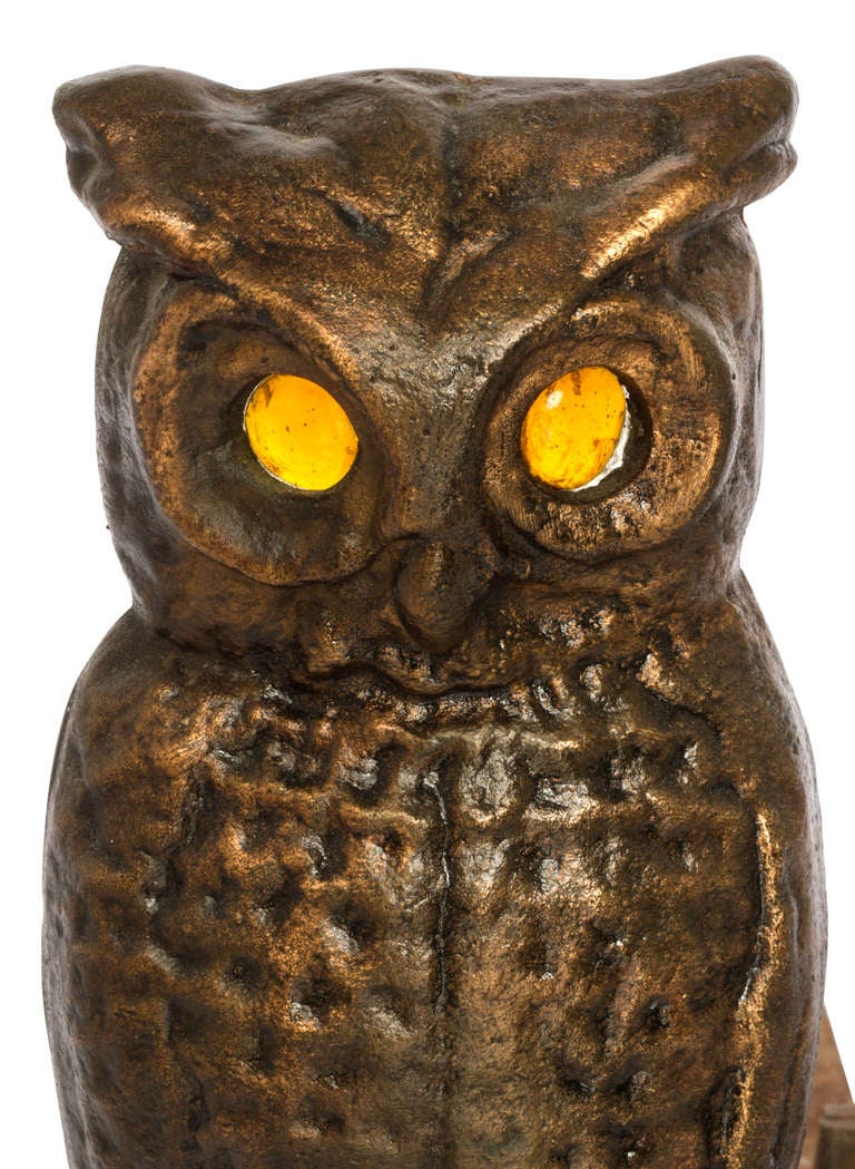 Mid-20th Century Pair of Bronze Owl Andirons