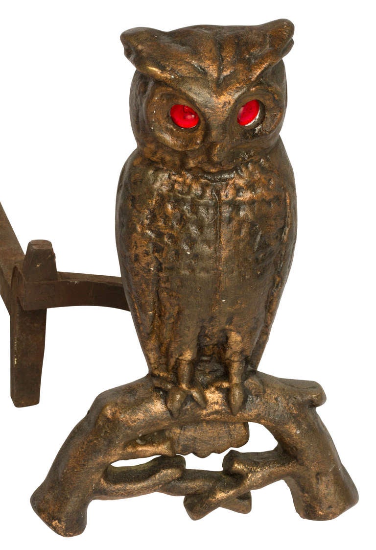 American Pair of Bronze Owl Andirons