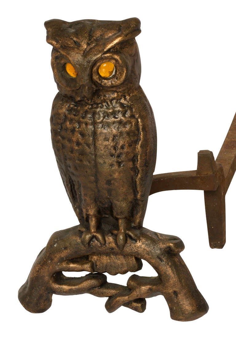 Pair of Bronze Owl Andirons In Excellent Condition In Summerland, CA
