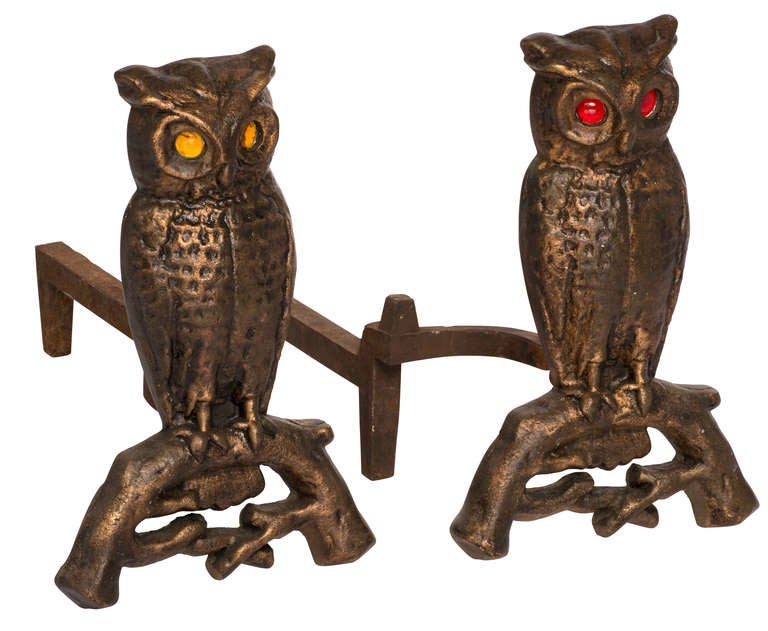 C.1930s Whimsical hand cast Bronze owl andirons.  One has red glass eyes, the other has amber glass.