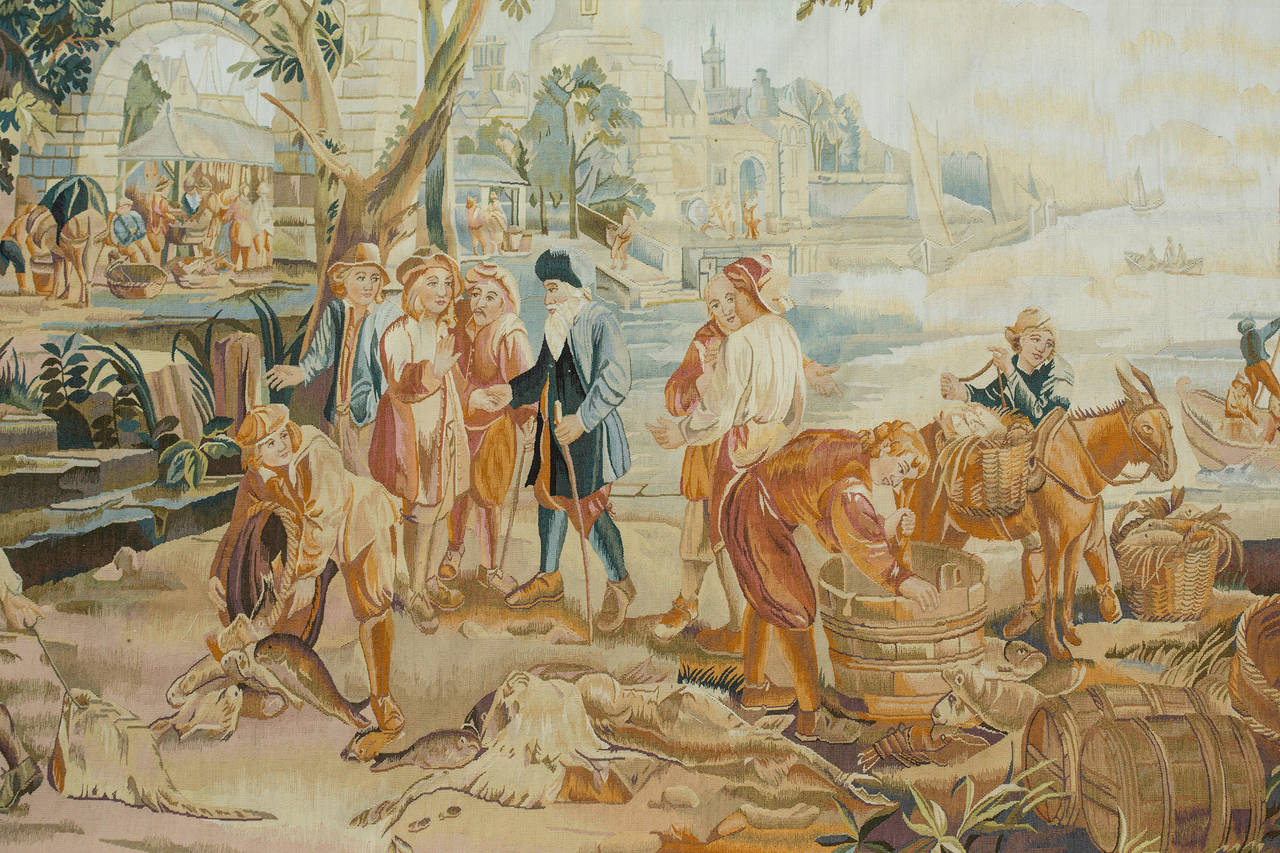 C.1886 Flemish Tapestry, Busy Dock Scene 1