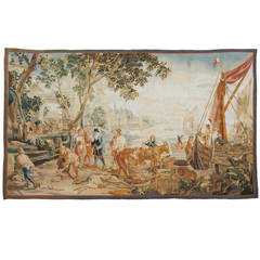 C.1886 Flemish Tapestry, Busy Dock Scene