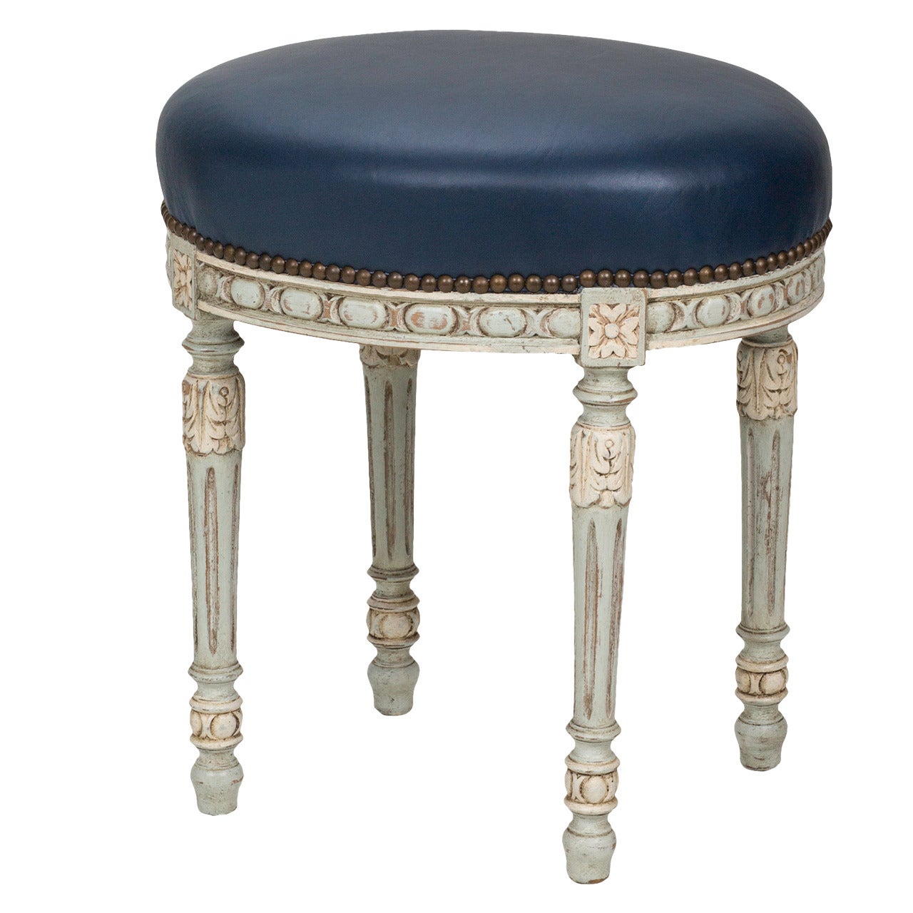C.1880s French Painted Footstool Bench in Leather For Sale