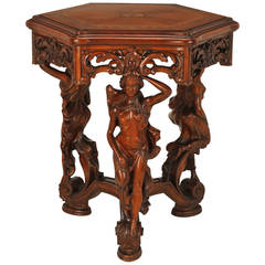 Marquetry Top Art Nouveau Carved Figurine Center Table