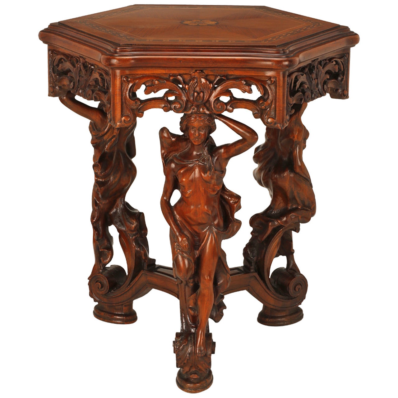 Marquetry Top Art Nouveau Carved Figurine Center Table