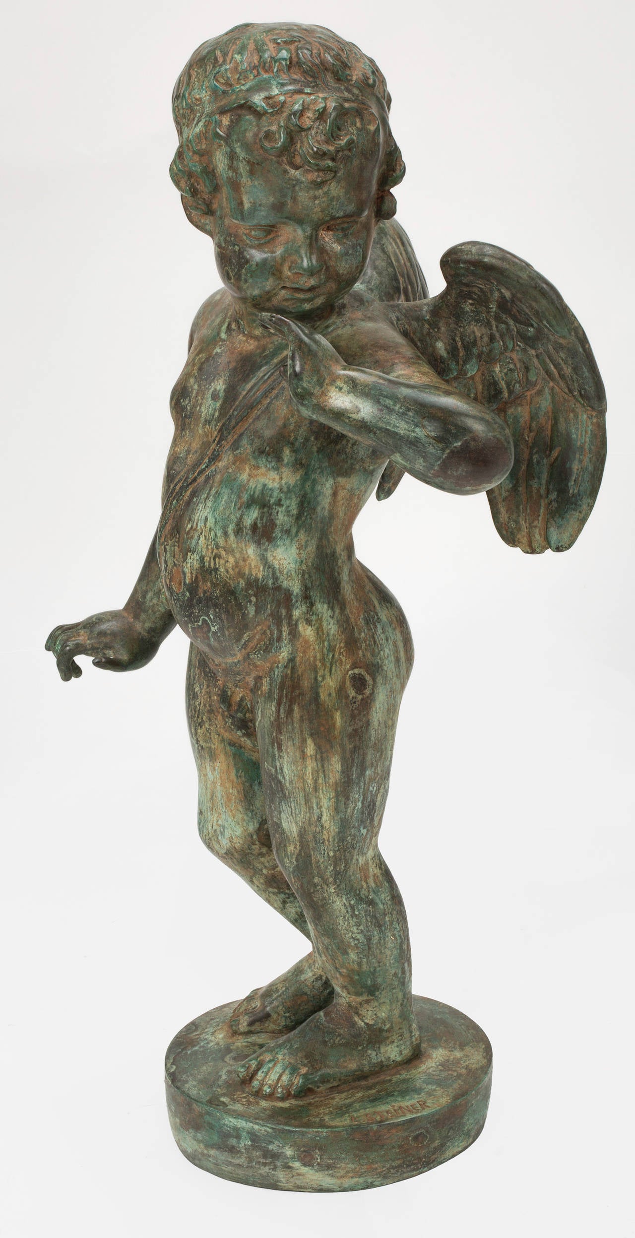 Mid-20th Century Signed Bronze Cherub Sculpture