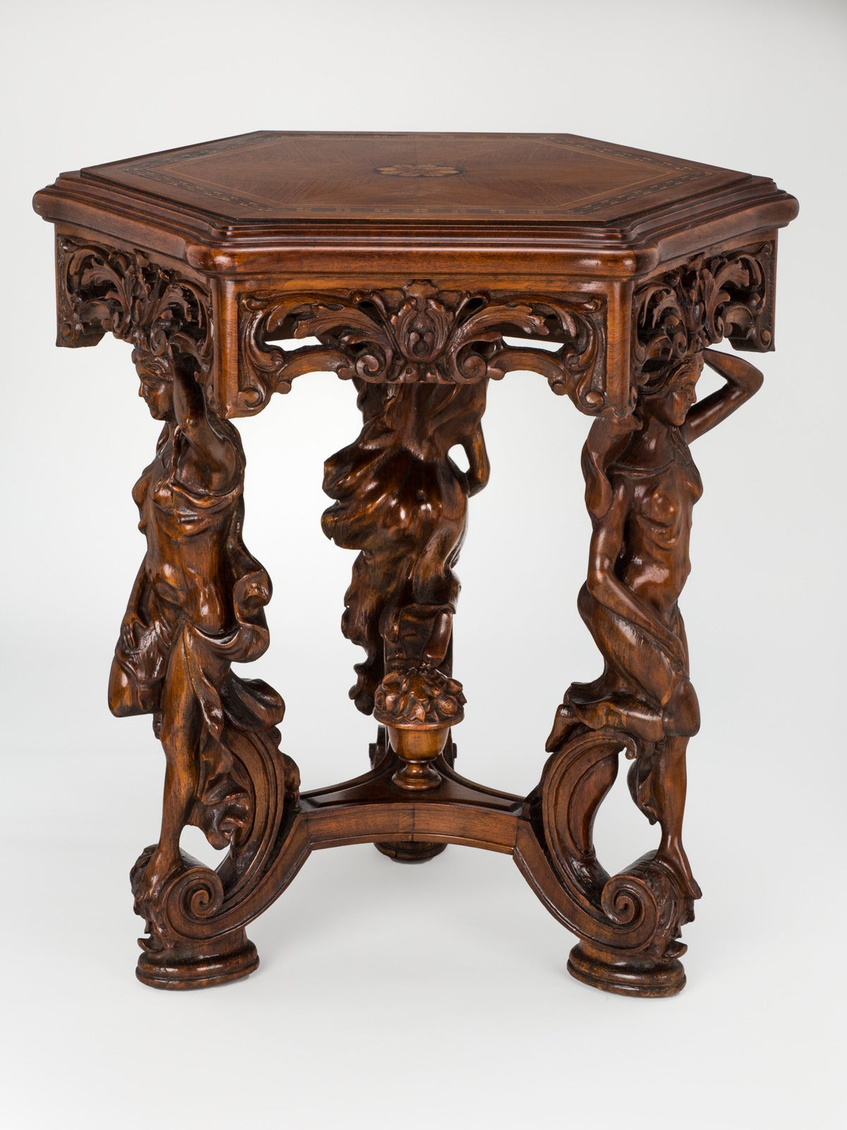 Marquetry Top Art Nouveau Carved Figurine Center Table In Excellent Condition In Summerland, CA