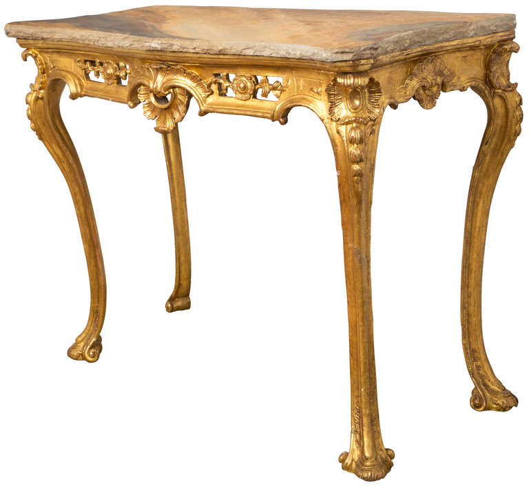 19c. Unusually Grand Scale Italian Gilt Console with Stone Top In Excellent Condition For Sale In Summerland, CA