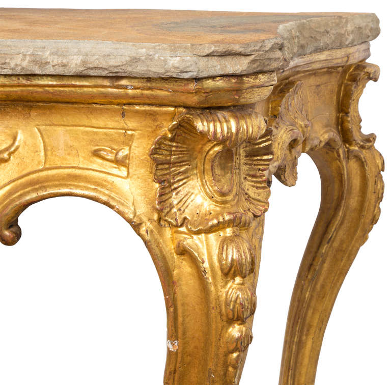 19c. Unusually Grand Scale Italian Gilt Console with Stone Top For Sale 1