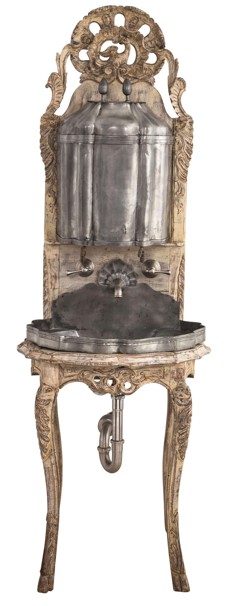 C. 1860s very rare French Pewter Lavabo.  Retrofitted to be used as a sink.  Wonderfully French, original pewter basin and tank, framed In beautifully carved oak wood stand.  Finished in white wash. One of a kind!