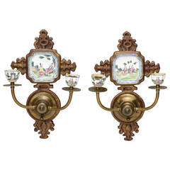 Antique Pair of 19th Century Chinoiserie Enamel Wall Sconces