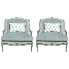 C.1880s French Painted Bergère Wing Back Chairs, Pair