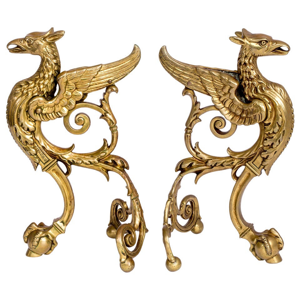 19th Century Antique Brass Griffin Andirons
