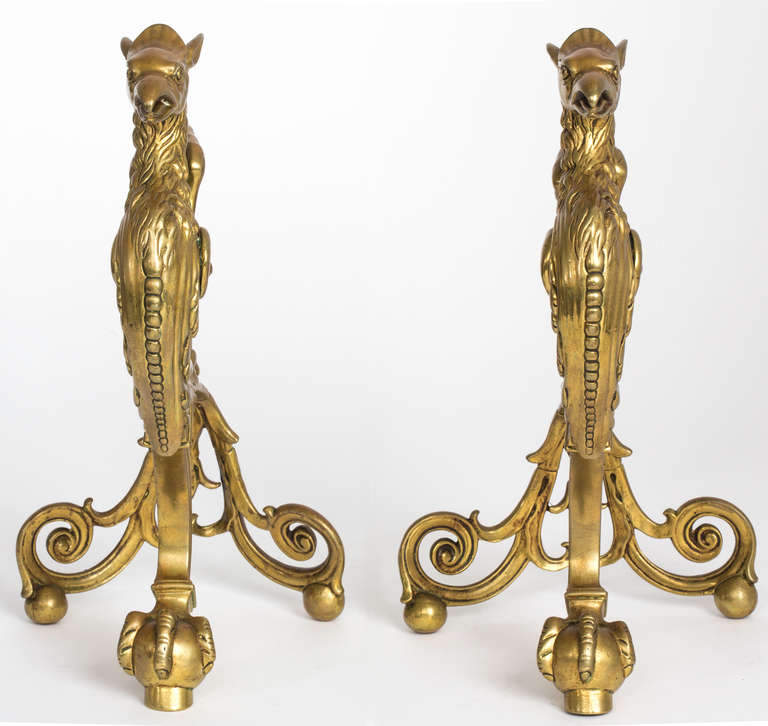 19th Century Antique Brass Griffin Andirons 5