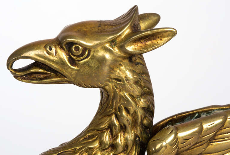 19th Century Antique Brass Griffin Andirons 1
