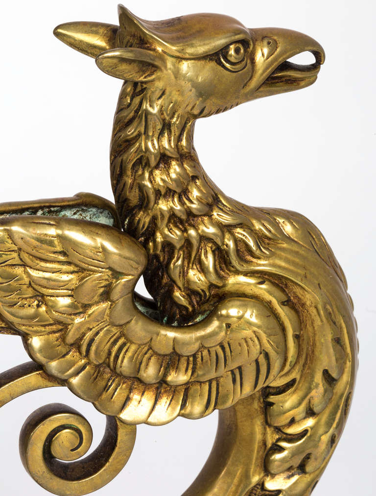 19th Century Antique Brass Griffin Andirons In Excellent Condition In Summerland, CA