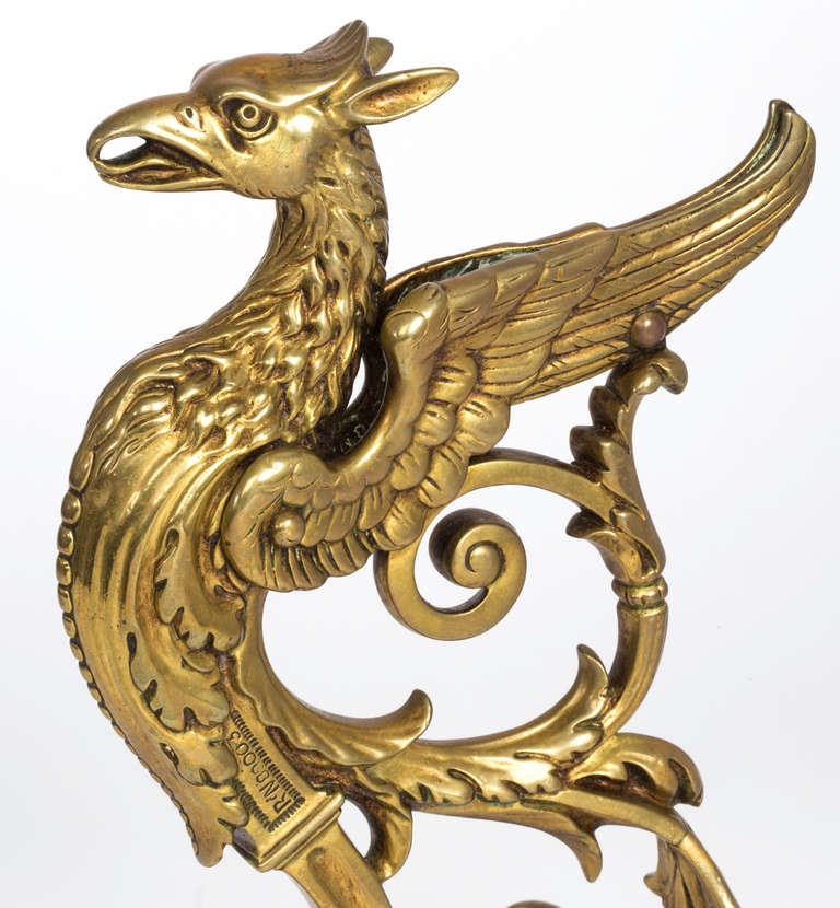 English 19th Century Antique Brass Griffin Andirons