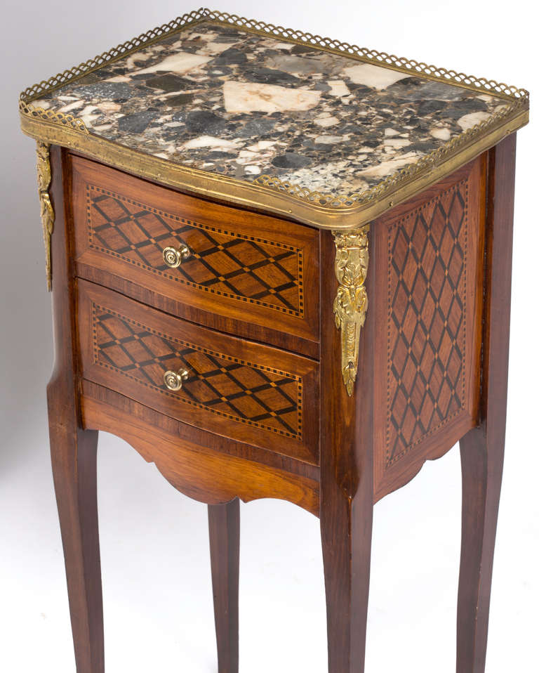 Pair of Italian Marquetry Marble Top Night Stands at 1stdibs