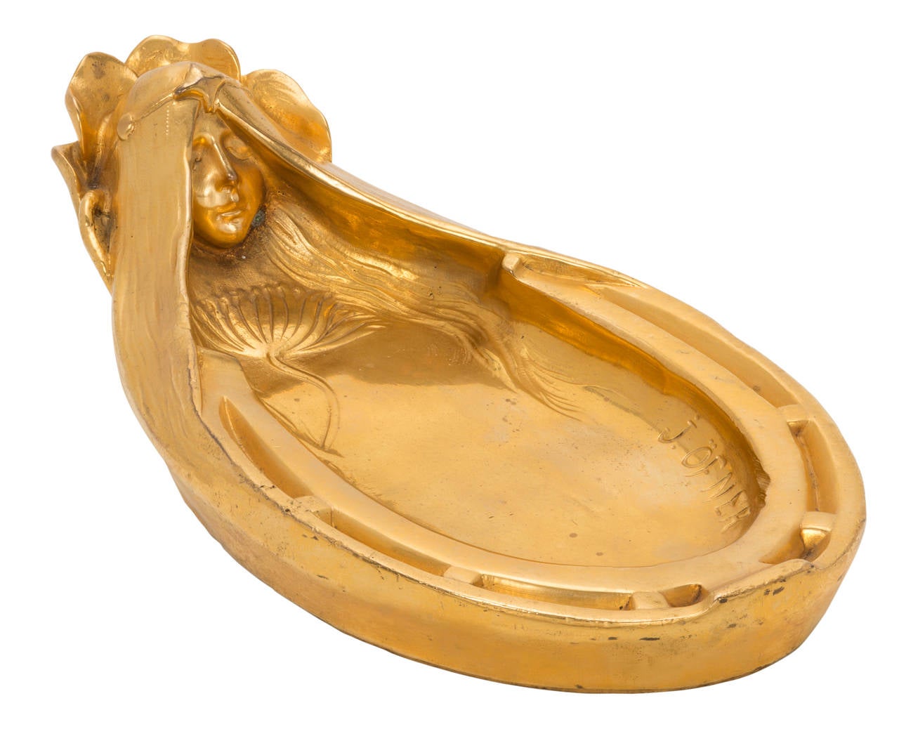 Signed J Ofner gilt bronze dish beautiful maiden with horseshoe design.