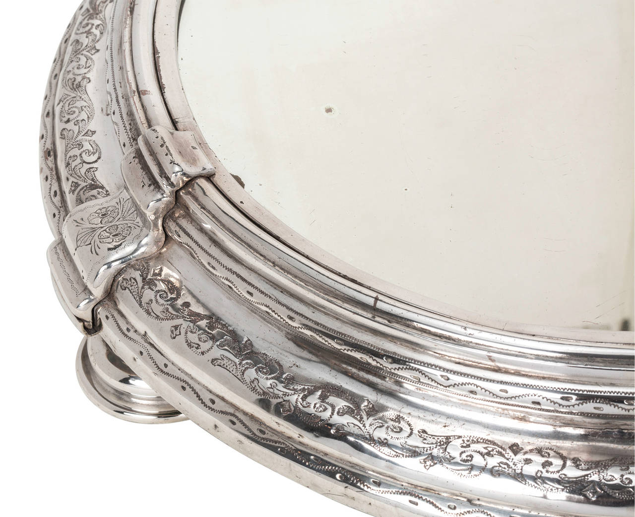 Fantastic large scale silver plate mirror plateau.  Original mirror and silver plate.  Footed and step design rising to 4.5 inches makes a stunning center piece.
Made by JW Johnson c.1820 England