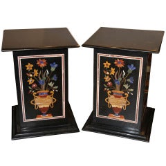 Marble Stone Inlay Specimen Pedestal Tables, Pair