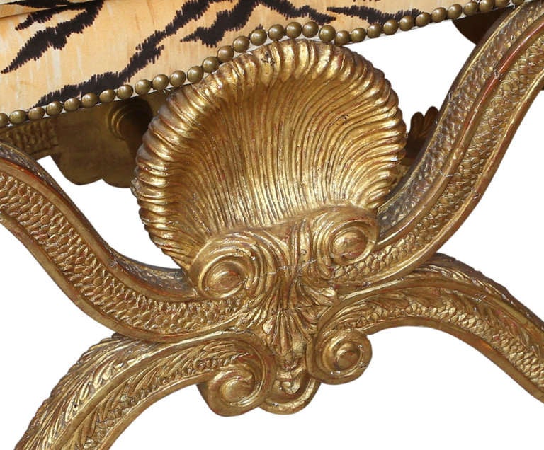 Renaissance Revival Gilt Wood  Leopard Upholstered Bench Stool